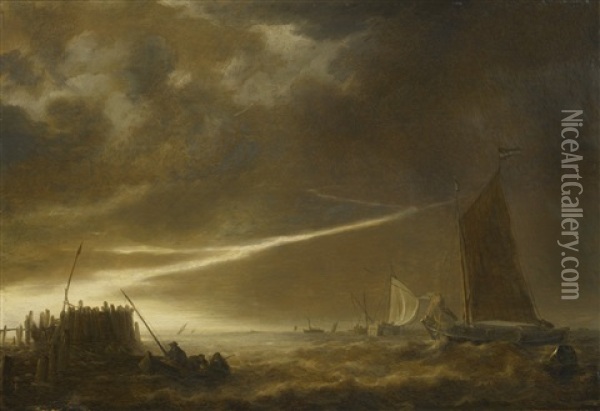 Lightning Over Rough Waters With Sailing Vessels Oil Painting - Simon De Vlieger
