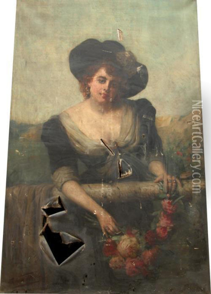 Damesportret - Portrait De Dame. Oil Painting - Leon Herbo