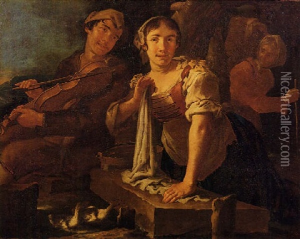 Lavandaia E Suonatore Di Violino Oil Painting - Giacomo Francesco Cipper