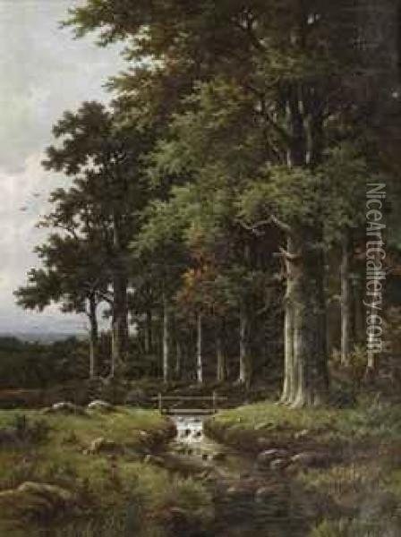 A Forest Stream Oil Painting - Hendrik Pieter Koekkoek