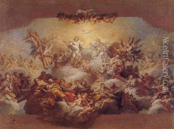 The Holy Trinity Surrounded By Saints And Angels Oil Painting - Sebastiano Conca