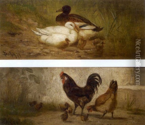 Ducks (+ Rooster And Hen; Pair) Oil Painting - John Henry Dolph
