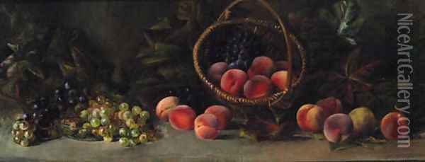 Peaches, Grapes And A Basket On A Table Oil Painting - Jean Robbe