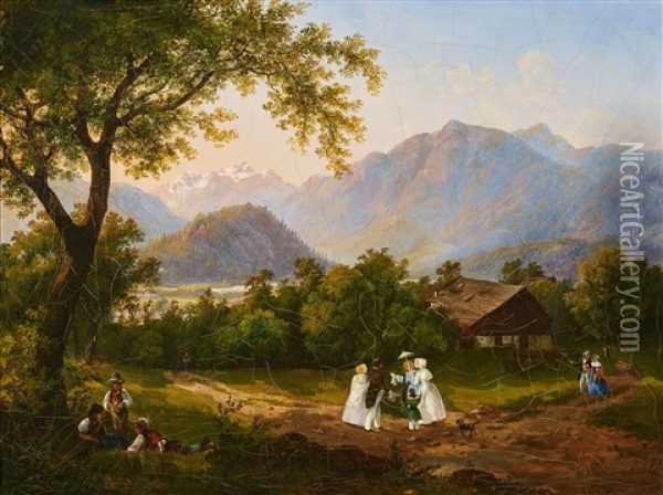 Promenaders At The Foothills Of The Alps Oil Painting - Joseph Altenkopf