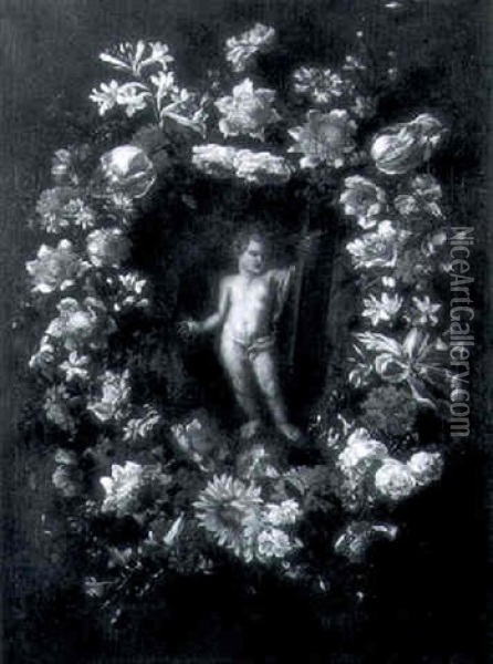 Guirlande De Fleurs Entourant L'enfant Jesus Oil Painting - Mario Nuzzi