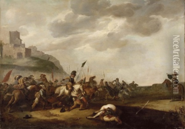 Gefechtsszene In Landschaft Oil Painting - Johann Anton Eismann
