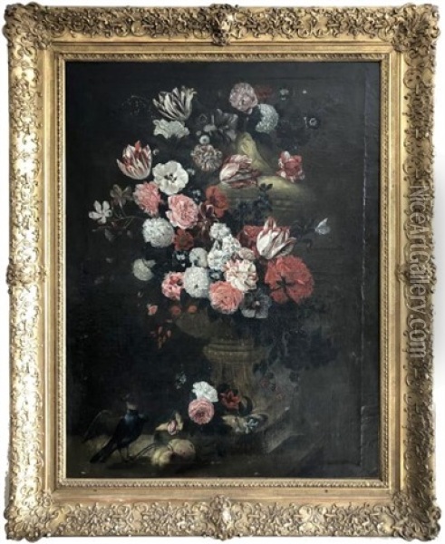 Vase De Fleurs Et Volatiles Oil Painting - Jean-Baptiste Monnoyer