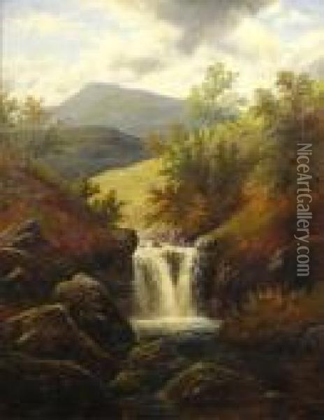 A Mountainous Landscape With Awaterfall With Sheep On The Hill Oil Painting - William Mellor