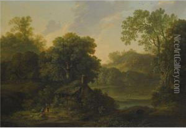 A Wooded Landscape With A Cottage And Figures By A Path Oil Painting - George, of Chichester Smith
