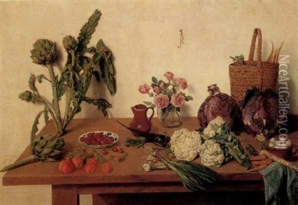 A Kitchen Still Life With Various Vegetables, Roses In A Glass Vase, Cherries In A Porcelain Bowl, All On A Wooden Table Oil Painting - Jan Josef Horemans the Younger