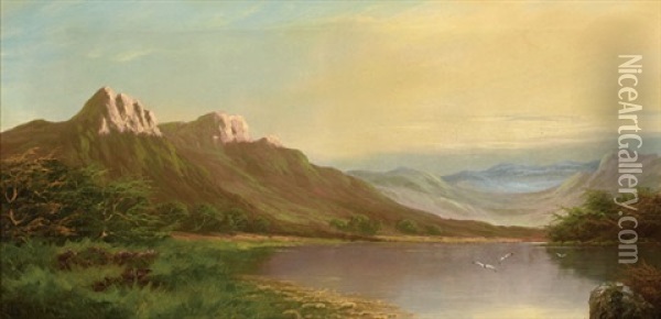 Mountain Lake Landscape (+ Another; Pair) Oil Painting - Benjamin Champney