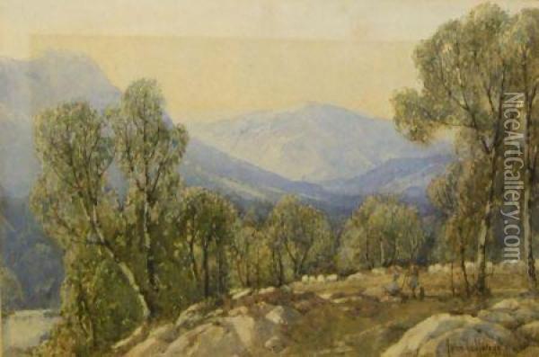 Mountain Landscape With Figures In Foreground Oil Painting - John Fullwood