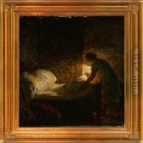 Woman Making A Bed Oil Painting - Julius Paulsen