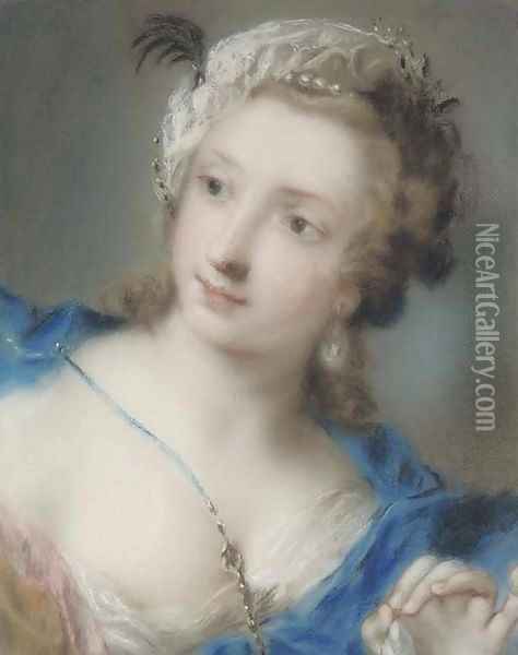 Portrait of a girl looking to the left, bust-length, wearing a blue mantle Oil Painting - Rosalba Carriera