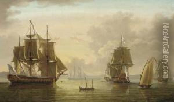 A Squadron Of The White Lying At Anchor And Drying Their Sails Ingibraltar Bay Oil Painting - Lieutenant Thomas Yates