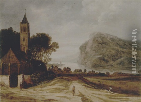 An Extensive River Landscape With A Church, Cattle Grazing And A Traveller On A Track Oil Painting - Philips de Momper the Younger
