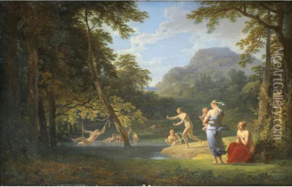 Baigneuses Dans Un Paysage 
Classique [ ; Bathers In Classical Landscape ; Oil On Canvas ; Bears A 
Signature And A Date Lower Right J. Vallin 1819] Oil Painting - Jacques Antoine Vallin