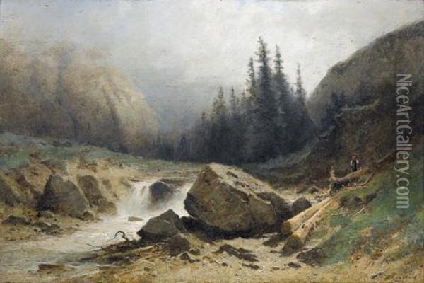 Reissender Gebirgsbach Mit Bauerin. Oil Painting - Gustave Castan