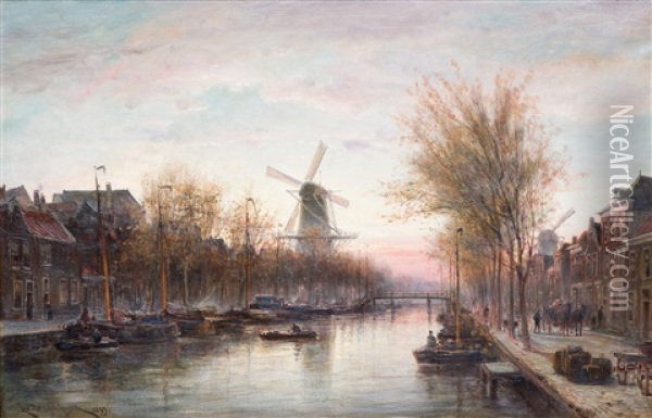 Late Afternoon At The Veenkade, The Hague Oil Painting - Cornelis Christiaan Dommelshuizen