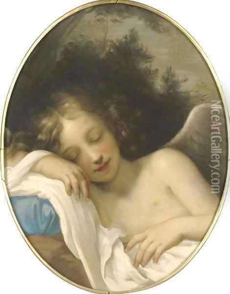 Sleeping Cupid, in a feigned oval Oil Painting - Baldassarre Franceschini