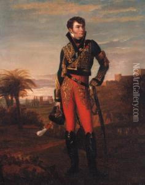 Portrait Of A French Hussar Of The Napoleonic Era, Full-length,standing In An Egyptian Landscape Oil Painting - Georges Rouget