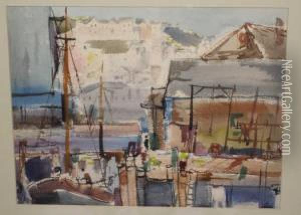 Fishing Port / Seacoast Town Oil Painting - Alfred Conway Peyton