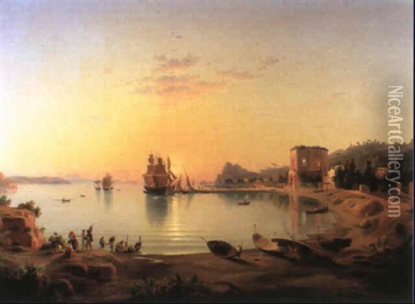 Sunset Over The Bay Of Naples Oil Painting - Johann-Rudolph Buhlmann