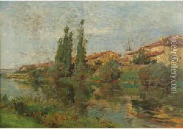 Village On The Edge Of A River Oil Painting - Edmond Marie Petitjean