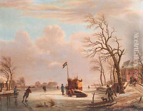 Skaters and other townsfolk on a frozen river by a country mansion Oil Painting - Andries Vermeulen