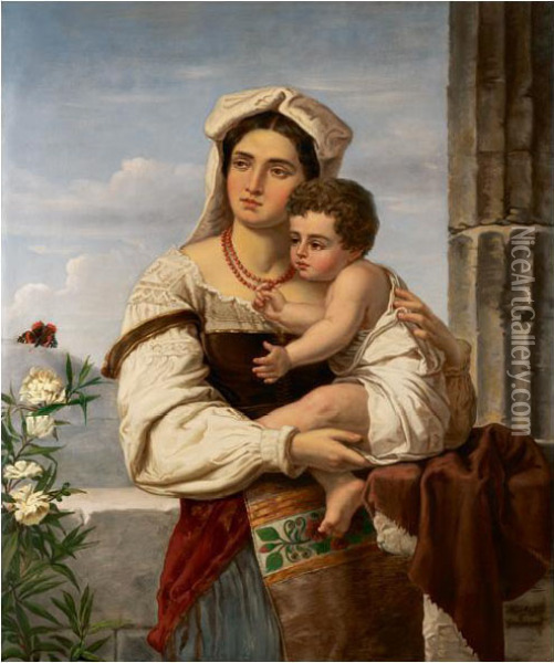 Anya Gyermekevel Oil Painting - J. Ferenc, Franz Mucke