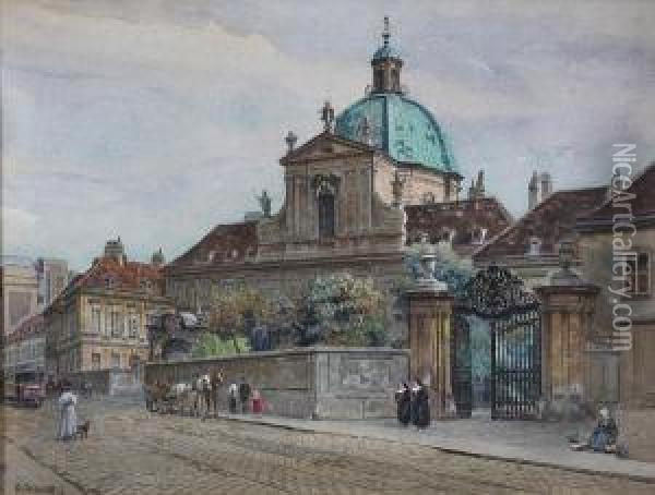 Church By A Busy Street Oil Painting - Ernst Graner