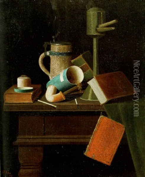 Still Life With Mug, Pipe And Books Oil Painting - John Frederick Peto