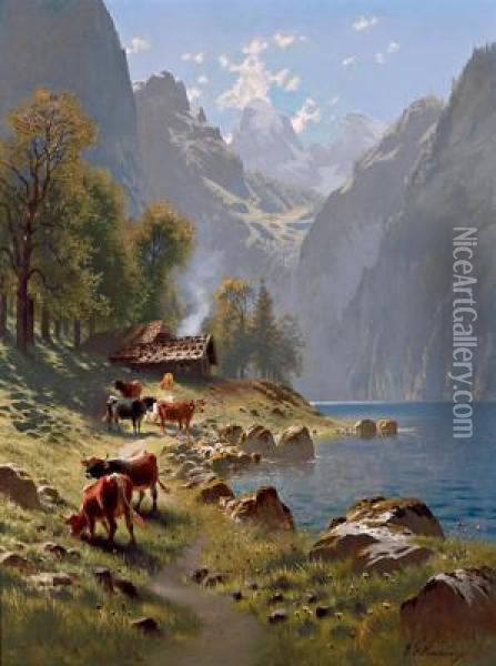 Weide Am Gebirgssee Oil Painting - Johann Friedrich Hennings