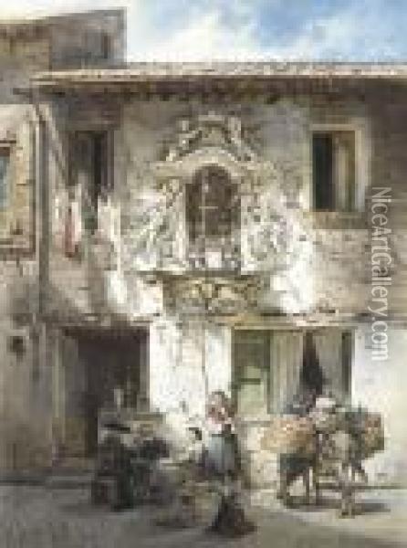 A Roman House With An Edicola In A Baroque Surround Oil Painting - Ludwig Passini