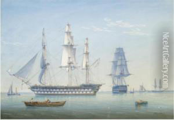 Two 64-gun British Men-of-war Ships In A Calm With Other Shipping Oil Painting - William Joy