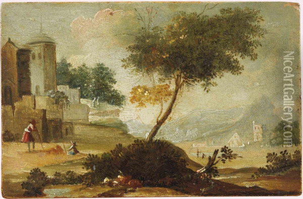 An Extensive River Landscape With Figures Before A Fortifiedbuilding, A Village Beyond Oil Painting - Peeter Bout