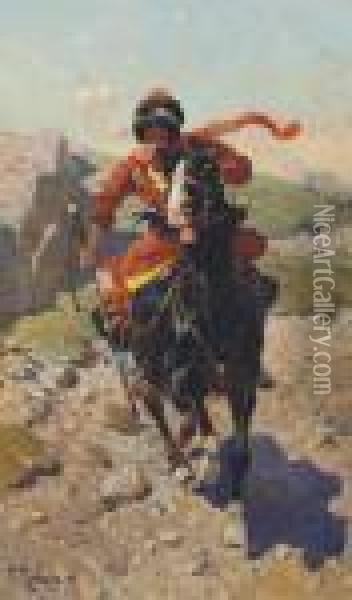 A Caucasian Riding His Horse At Full Gallop Oil Painting - Franz Roubaud