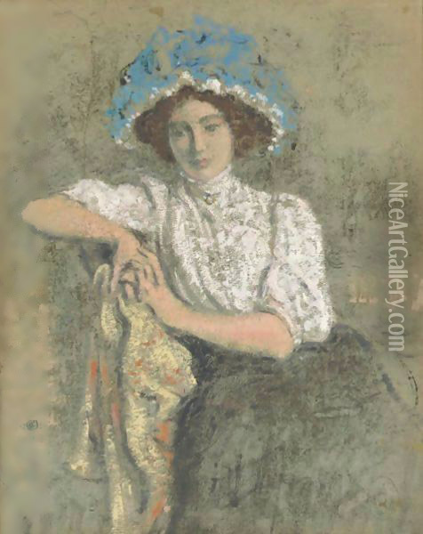 Jeune Fille Assise Au Chapeau Bleu Oil Painting - Georges Lemmen
