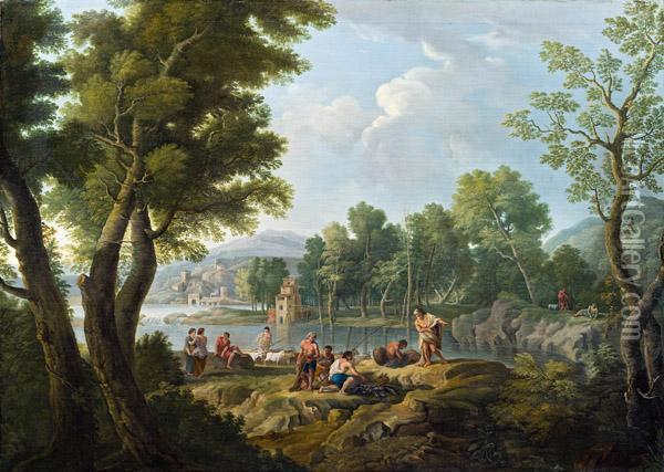 Sudliche Landschaft Mit Hirten Und Fischern An Einem Gewasser Oil Painting - Claude Lorrain (Gellee)