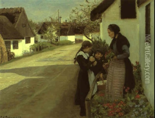 Gammel Kone Og To Sma Barn Udenfor Bondehus Oil Painting - Hans Andersen Brendekilde