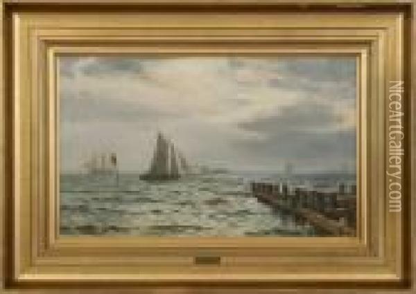 Seascape With Sailing Ships. Signed Chr. Blache, Dragor 95 Oil Painting - Christian Vigilius Blache