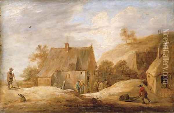 A village landscape with peasants outside a cottage and a traveller on a path Oil Painting - David III Teniers