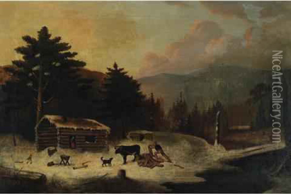 Chopping Lumber, Winter Oil Painting - Cornelius Krieghoff