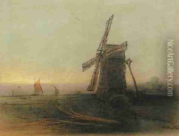 A Mill On The Norfolk Broads At Sunset Oil Painting - Edward Robert Smythe