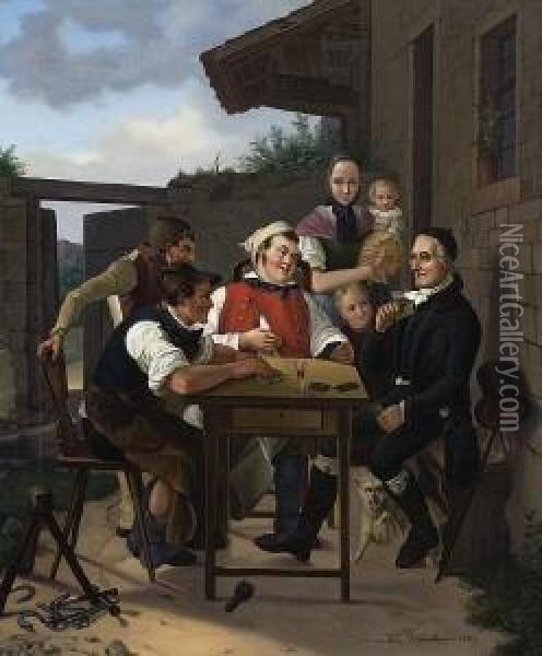 Kartenspieler Vor Der
 Dorfschmiede. Oil Painting - Friedrich Hohbach