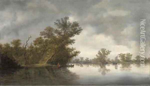 A wooded river landscape with fisherman in boats Oil Painting - Salomon van Ruysdael