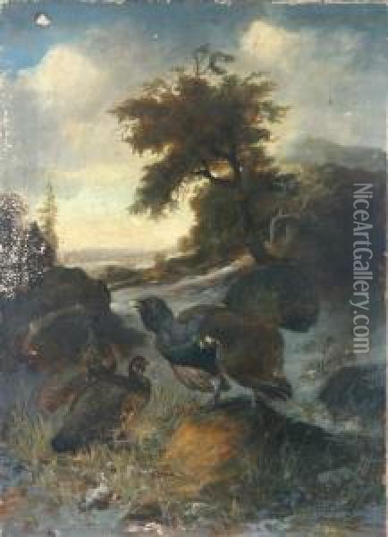 Balzender Auerhahn Mit Zwei Hennen Auf Einer Waldlichtung Oil Painting - Julius Scheurer