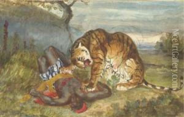 Tigre Terrassant Un Indigene Oil Painting - Charles Edme Saint-Marcel-Cabin