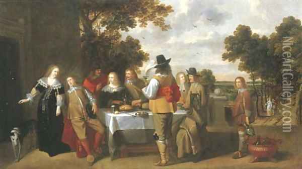 Elegant company eating and drinking on a terrace, a landscape beyond Oil Painting - Christoffel Jacobsz van der Lamen