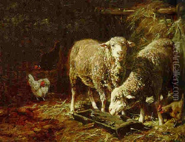 Sheep And Chickens Feeding In A Barn Oil Painting - Charles Emile Jacque